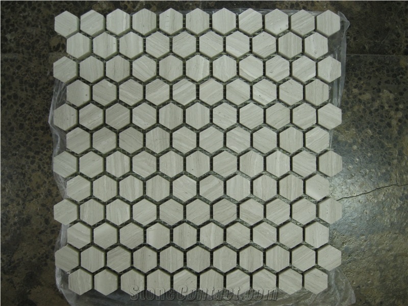 Wood Vein Grain Mosaic Tile Slab, White Marble Hexagon Mosaic from