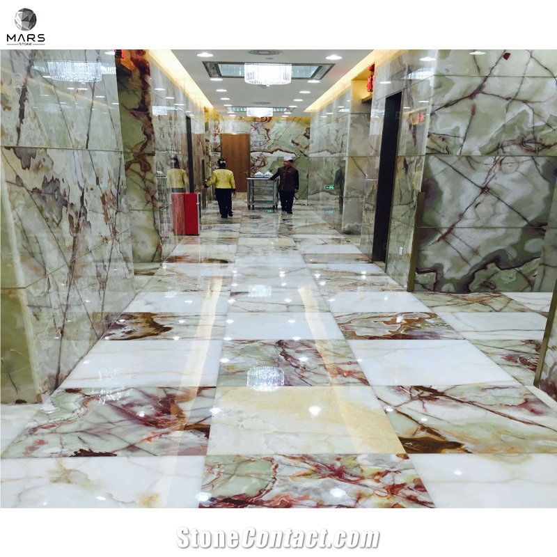 Interior Decoration Blue Jade With Red Pattern OnyxFloorTile