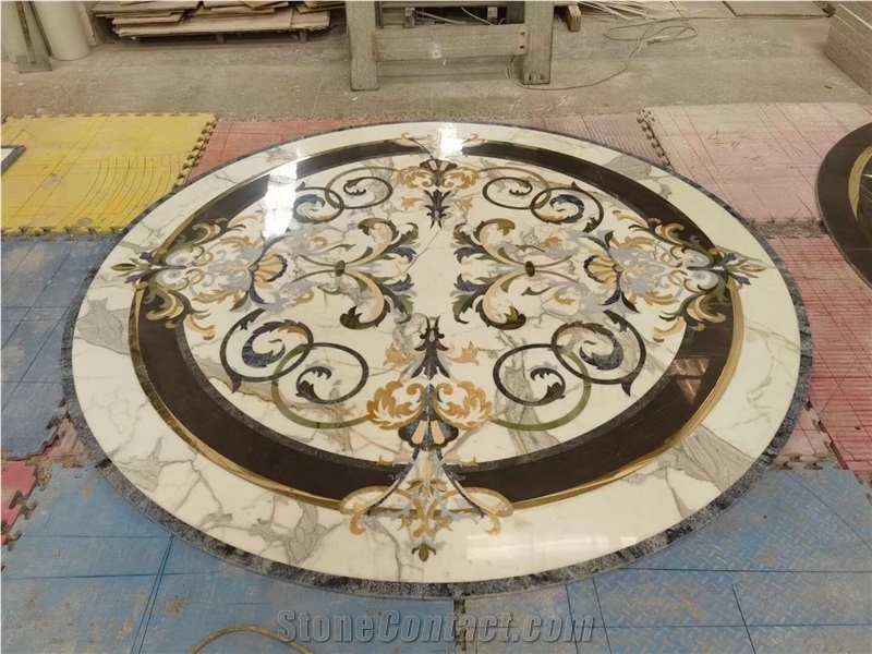 round marble floor waterjet medallion calacatta oro carpet