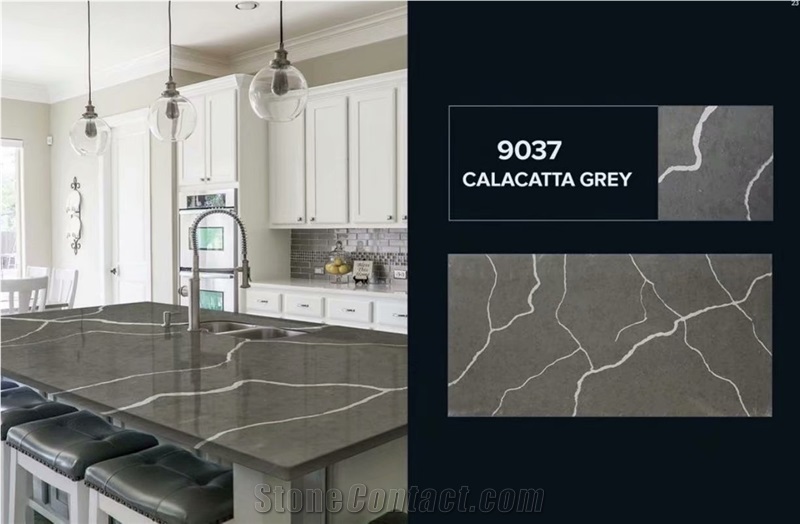 Artificial Calacatta Grey white vein marble Quartz Slab Tile