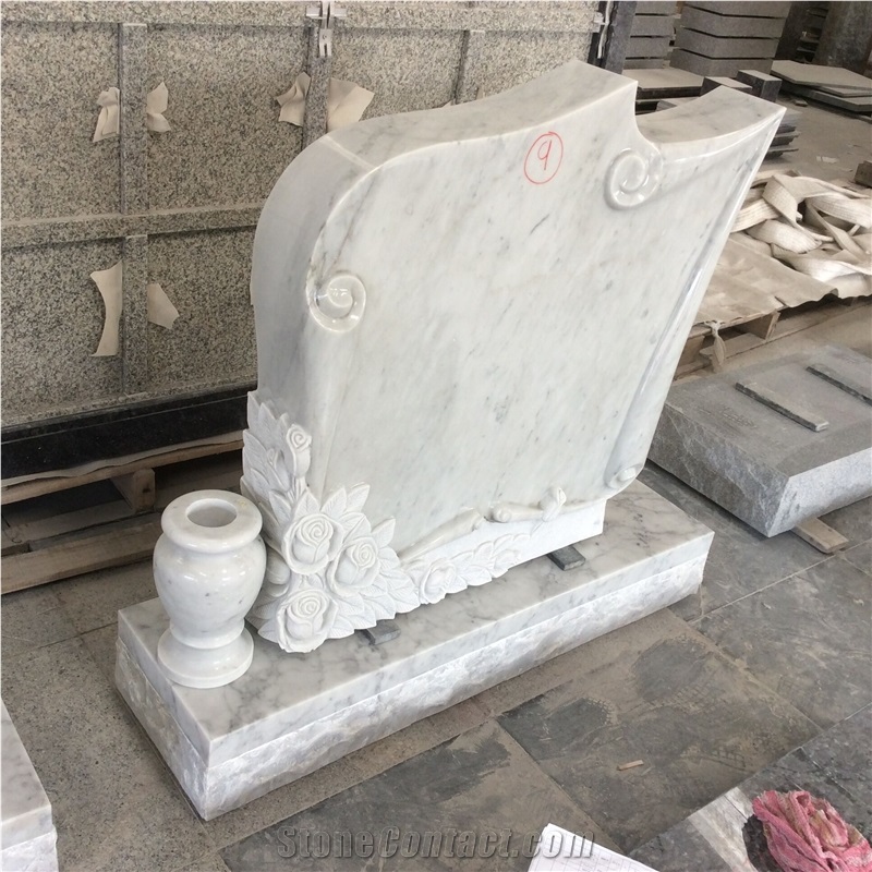 Carrara White Marble Scroll Design Carved Rose Monument