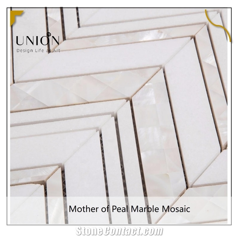 Mother Of Pearl Shell Mix White Marble Stone Herringbone Til