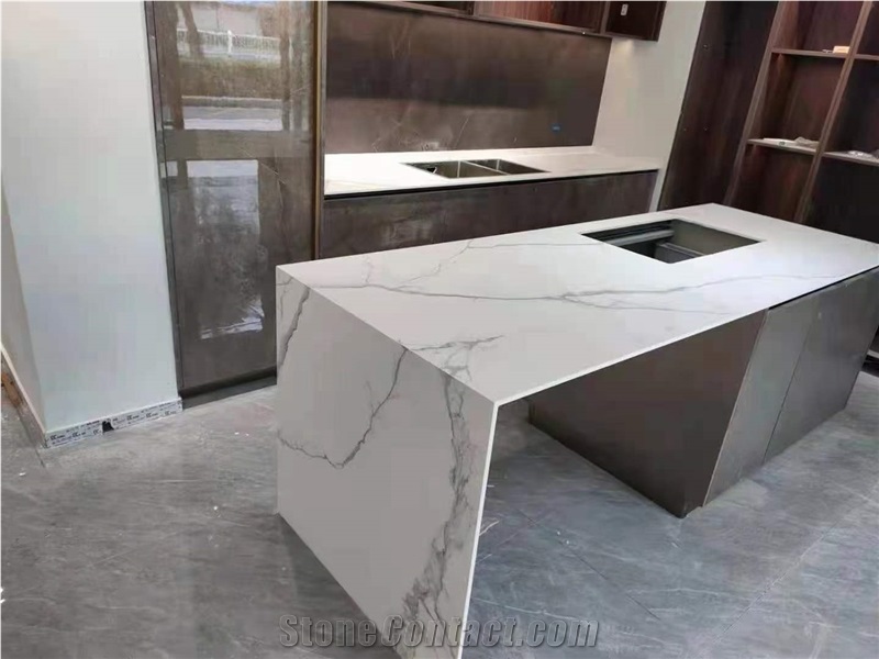 polished White Grey Marble looking Sintered stone countertop