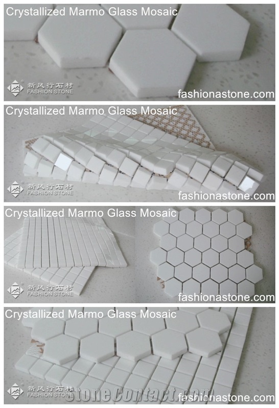 Herringbone Crystallized Thassos Glass Stone Mosaic