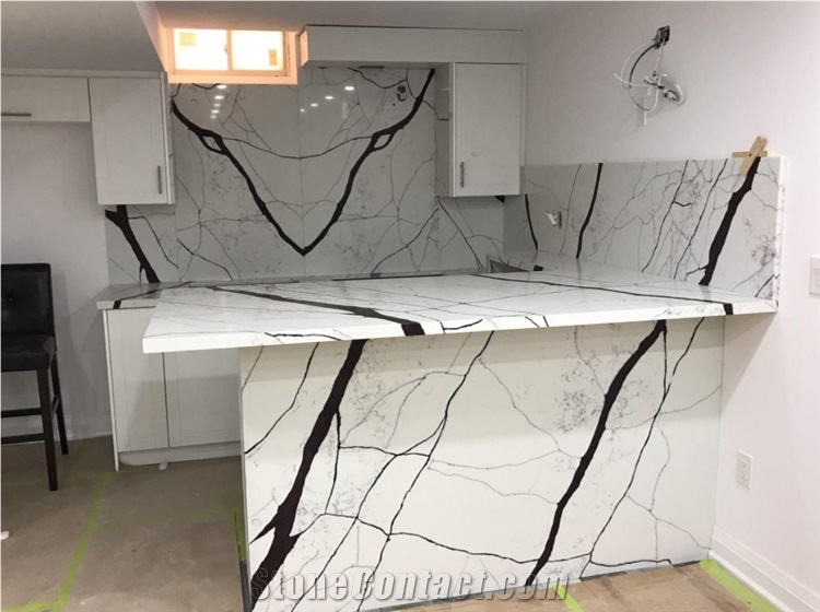 Artificial Quartz With Black Vein for Table Tops