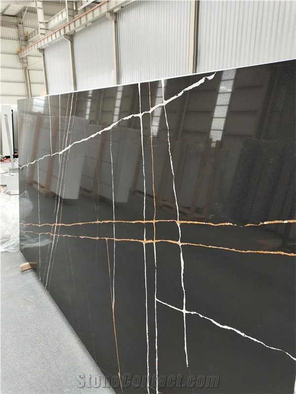 Black Quartz With Gold Veins Slab Stone For Wall Cover