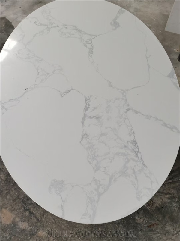 White Polished Round Oval Table Top Grey Veins Living Room 