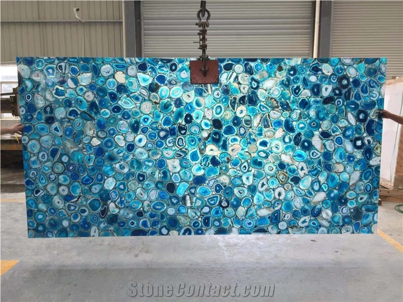 Blue agate semiprecious backlit stone tiles bathroom