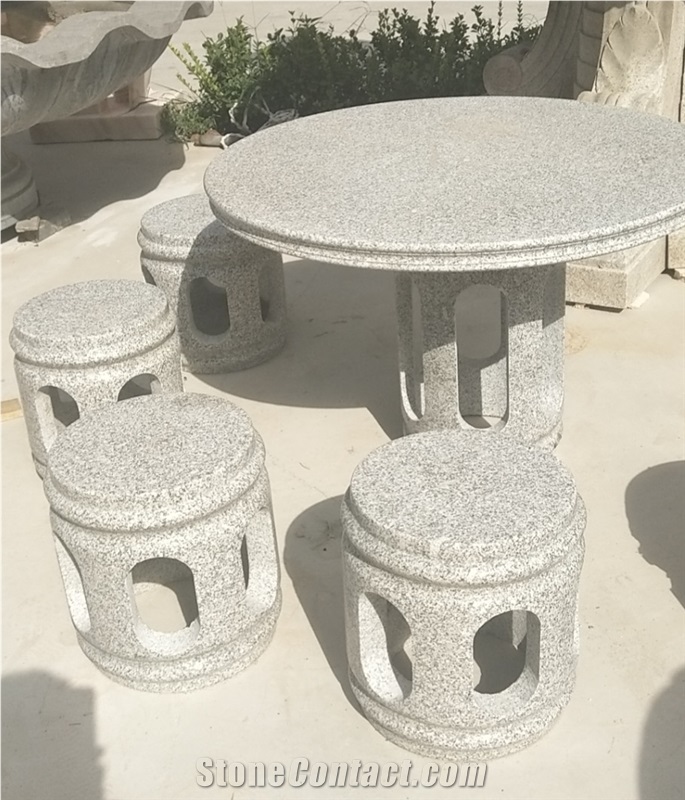 Grey Granite Stone Outdoor Furniture, Garden Round Table Set