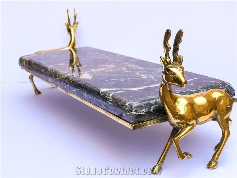 Golden Black tray with deer bronze stand