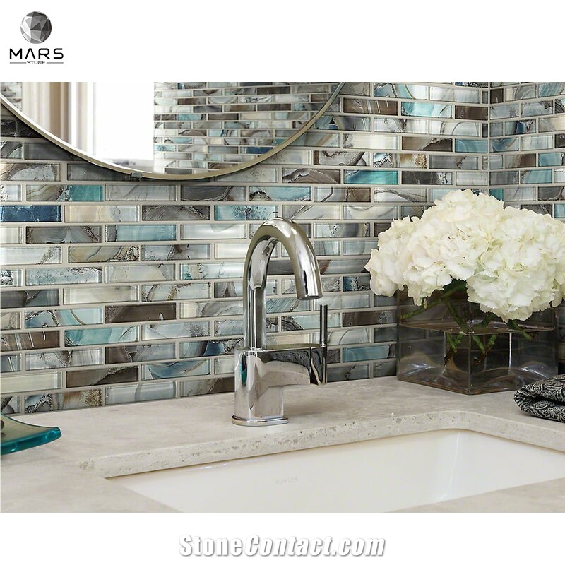 2021 Popular Backsplash Natural Mable Strip Glass Mosaic