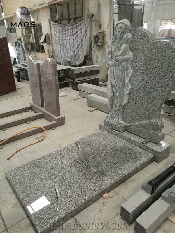  Black And Grey Granite Flower Carving Headstone With Vase 