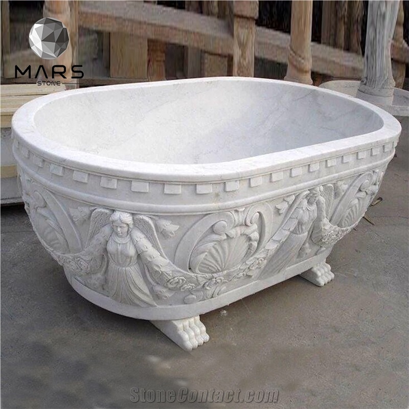 Exquisite Hand Carved Angle White Natural Marble Bathtub