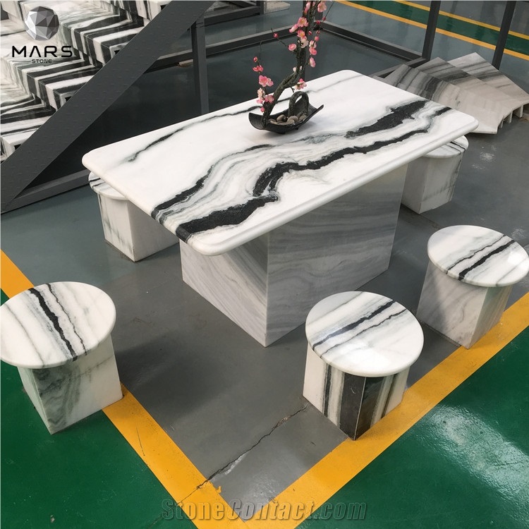 Factory Price Panda White Marble Stone Table And Stools