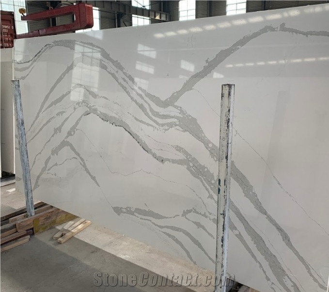 White Surface Of Marble With Grey Veins Quartz Stone 