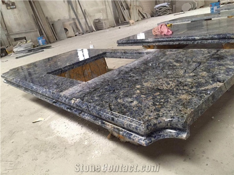 bahia island tops blue granite peninsula kitchen bench top
