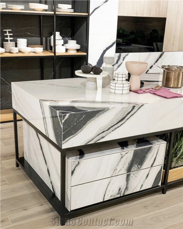 mitered marble modern kitchen design panda white island top