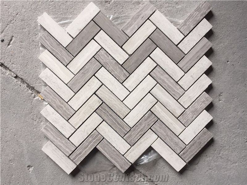 Mixed Wood Marble Herringbone Bath Wall Mosaic Design Tile