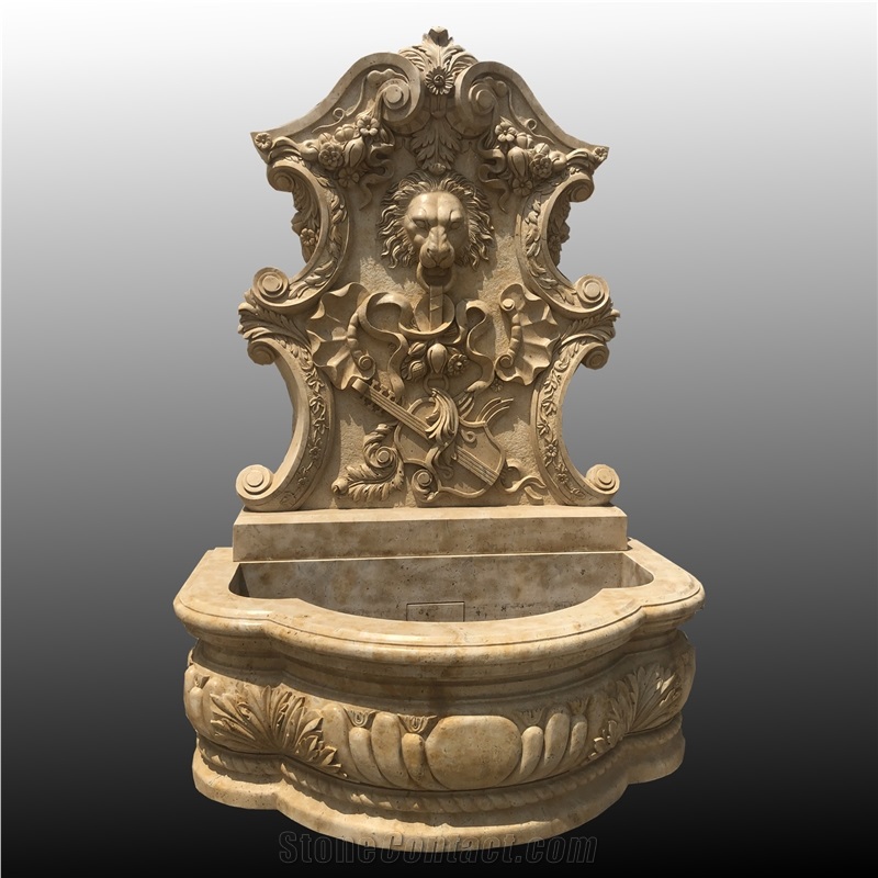 Brown marble lion head carving wall fountain001