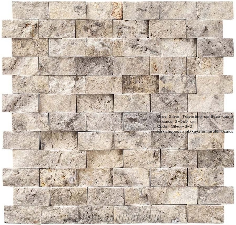 Grey Silver Travertine Splitface Stone Mosaics 2-5X5 Cm.