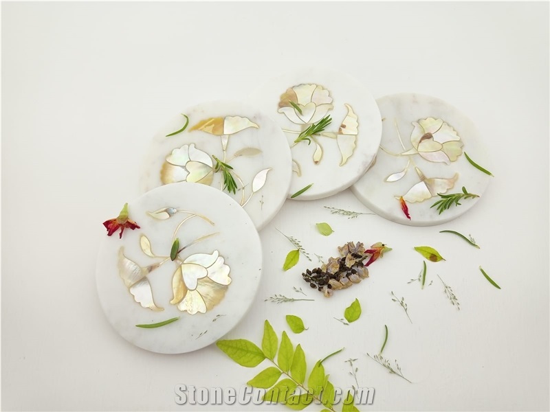 Marble Inlay Coaster White Set Of 4 Pcs  ( HM-000256 ) 