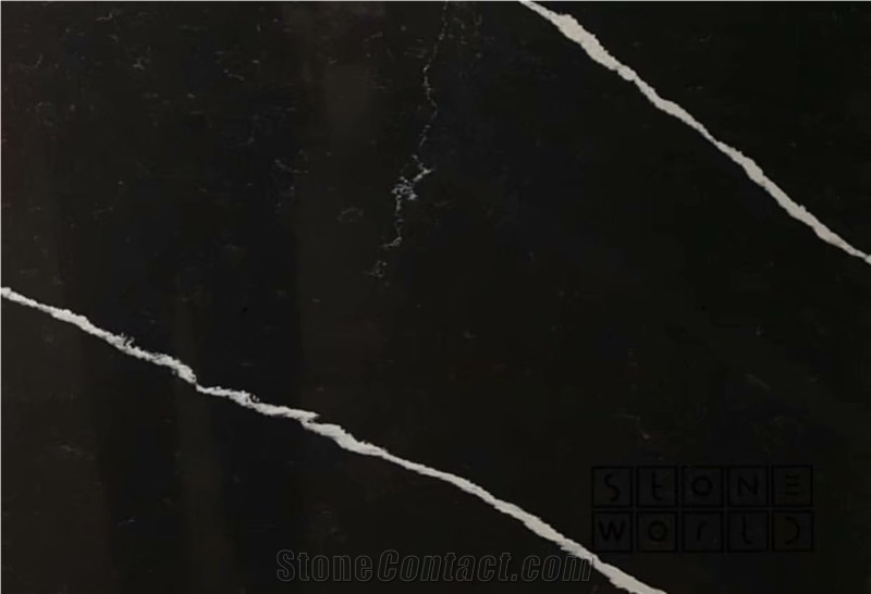 Artificial Black Quartz Slab with White Vein Black Calacatta