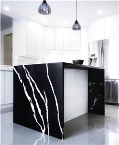 Calacatta Black Quartz White Marble Veins Kitchen Countertop