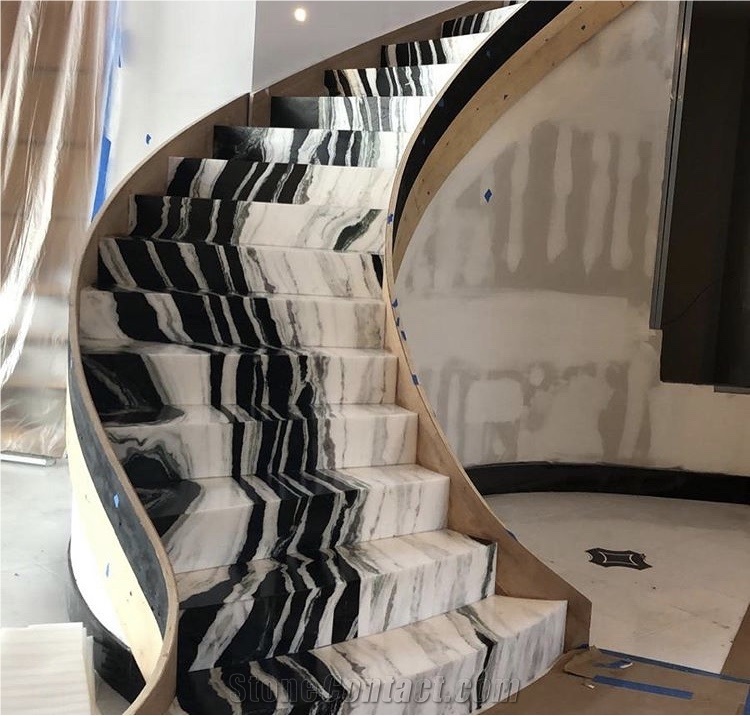 China White Panda Marble Stair Step Riser Spiral Staircase