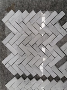 Bianco Carrara White Marble Herringbone Mosaic Wall Tiles