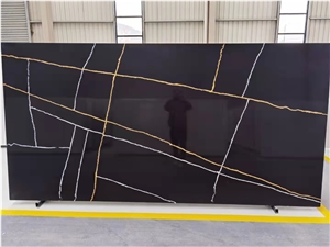 Black Quartz Slabs With White And Gold Veins
