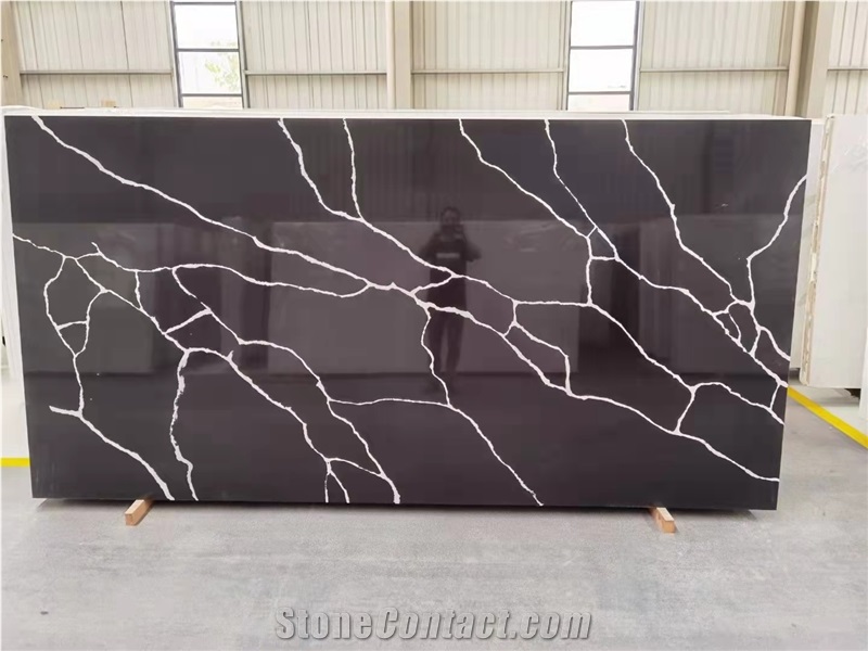 Black Quartz Slabs With White And Gold Veins 