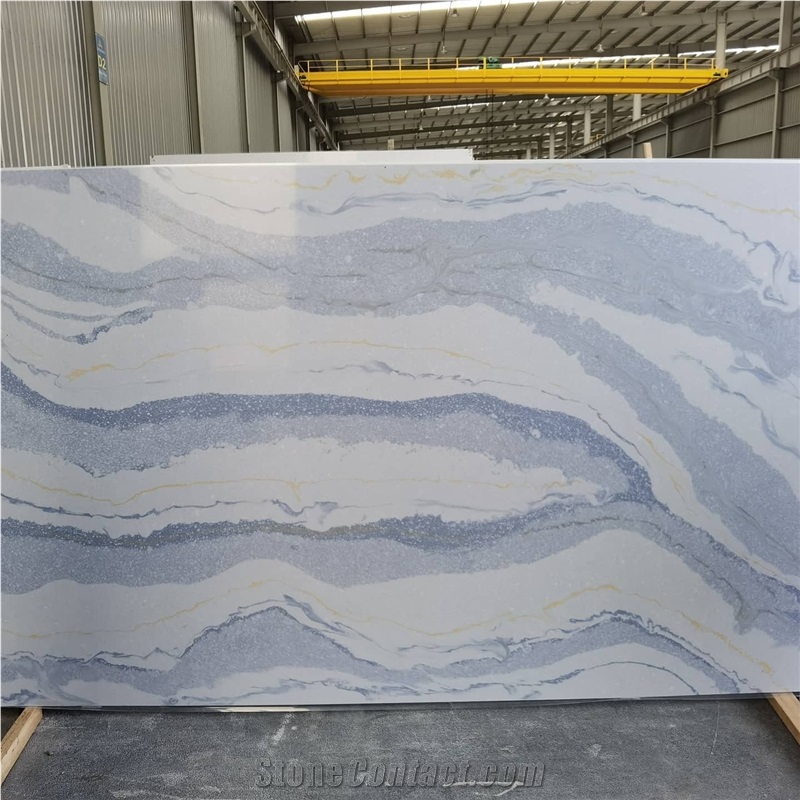 New Design Of Marble Look Blue Veins  Quartz Slabs