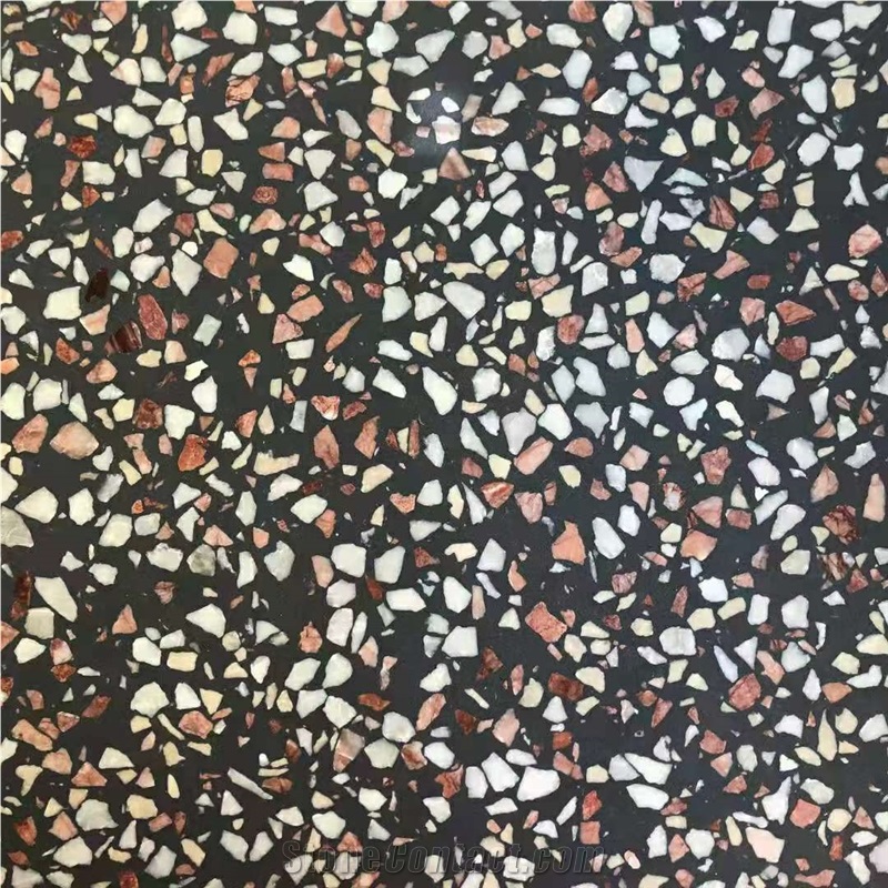Black with red color terrazzo slab
