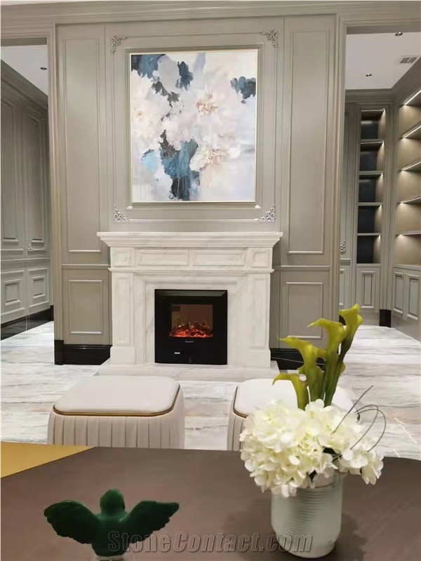 White marble indoor modern sculptured fireplace