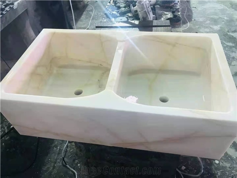 China Red Line White Jade Marble Polished Wash Basins
