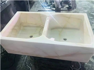 China Red Line White Jade Marble Polished Wash Basins