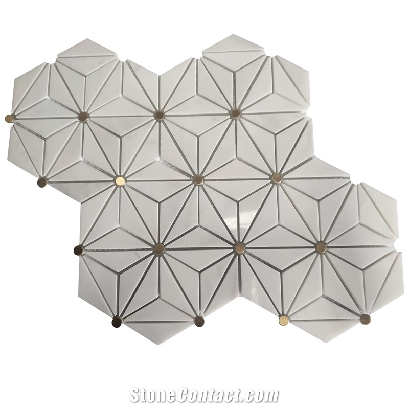 Triangle Hexagon Dolomite Brass White Marble Mosaic Tiles