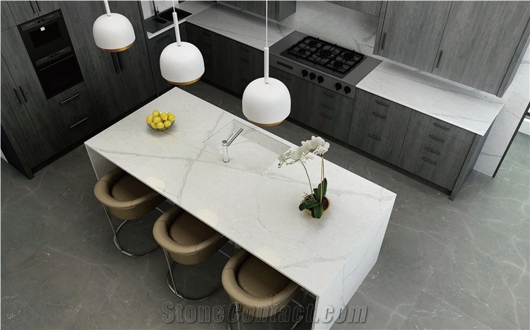 White Quartz Engineered Stone Island Kitchen Countertop