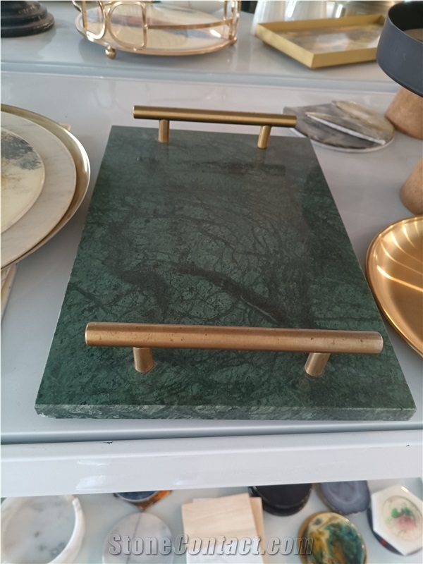 Verde Green Marble Food Plate Board With Two Iron Handles