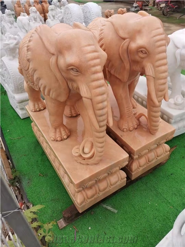 Red Marble Hotel Outdoor Stone Carving Elephant Sculpture