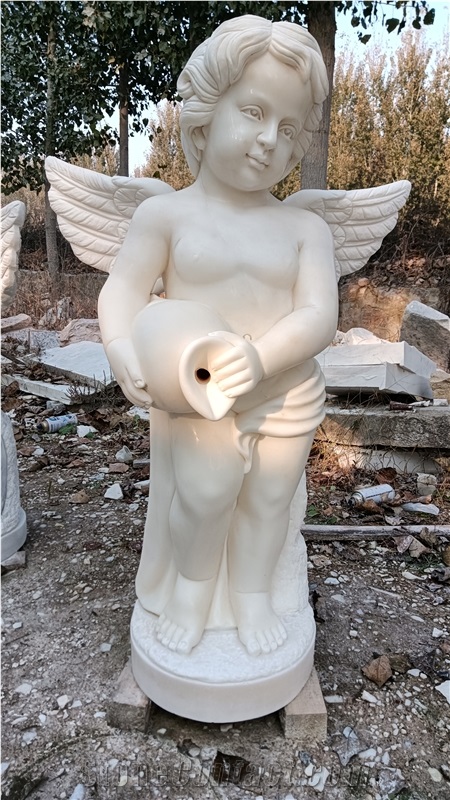 White Marble Landscape Human Angel Sculpture 