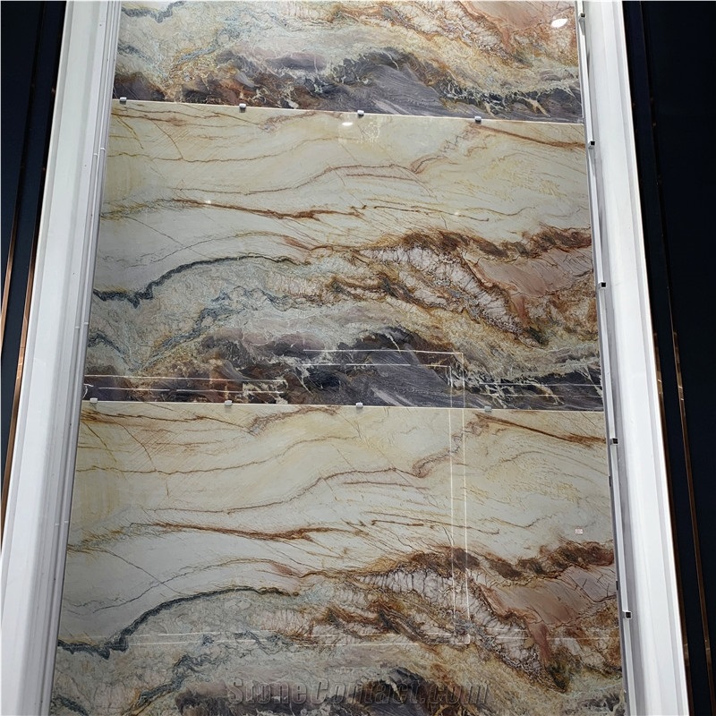 Exotic Stone Rainbow Impression Marble Slab Bookmatched Wall