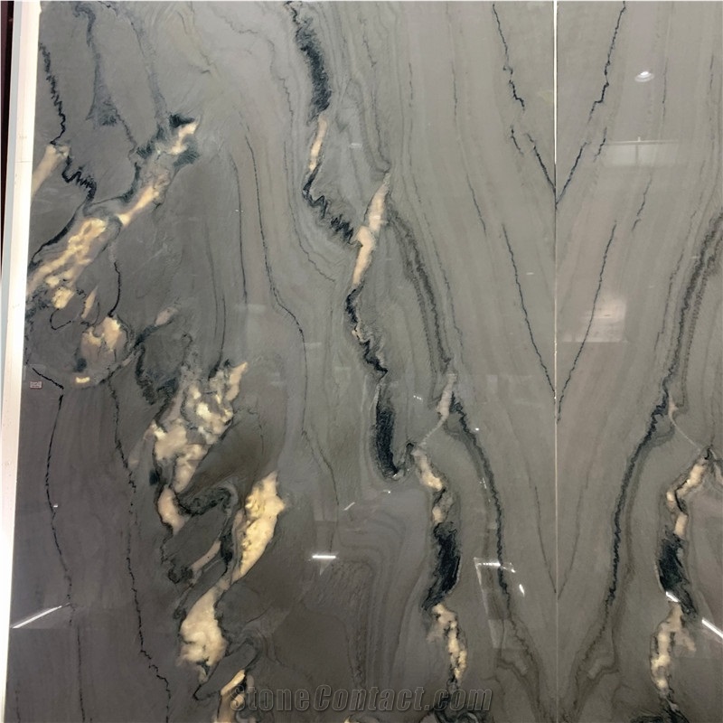 Natural Transparent Grey Quartzite Bookmathced Slab For Wall