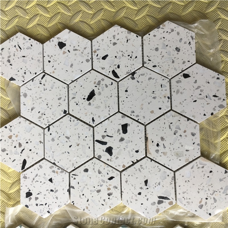 3" Hexagon Kitchen Backsplash Mosaic Silver Terrazzo Tile 