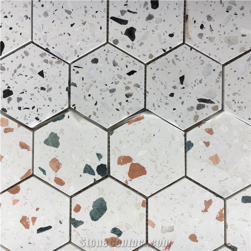 3" Hexagon Kitchen Backsplash Mosaic Silver Terrazzo Tile 