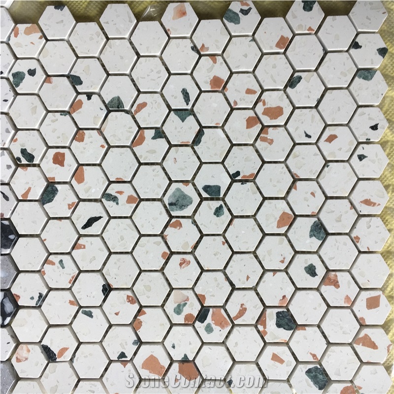 Hexagon White Terrazzo Bathroom Floor Mosic Tile