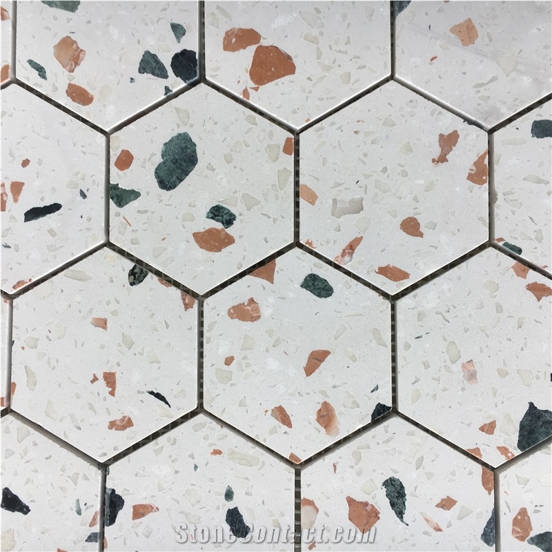 Hexagon White Terrazzo Bathroom Floor Mosic Tile
