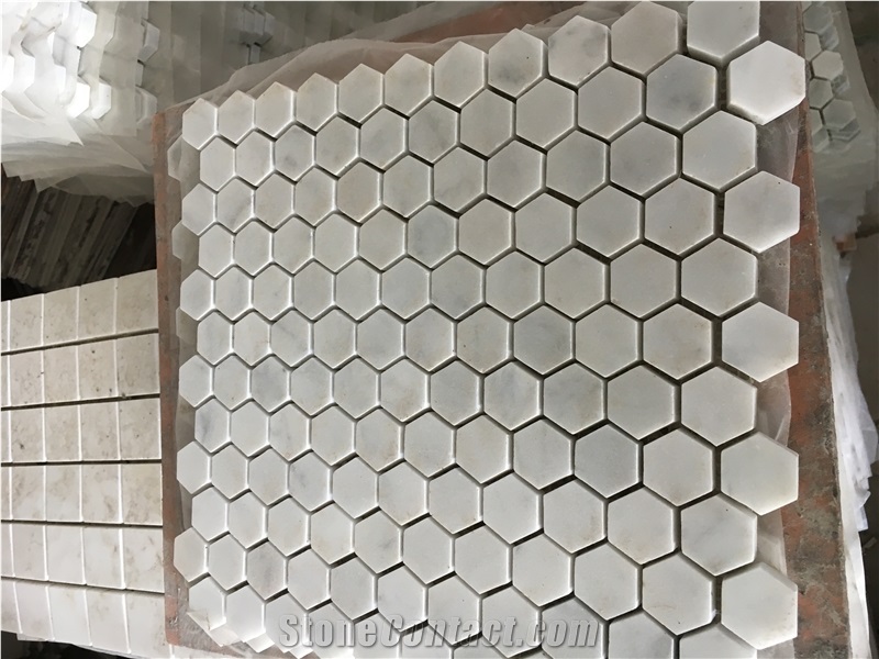 1" Carrara Hexagon Bathroom Floor Mosaic Tile Design 