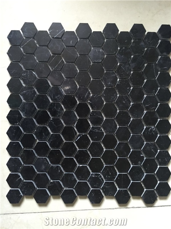 1" Hexagon Black Marble Mosaic Design Marquina Kitchen Tile