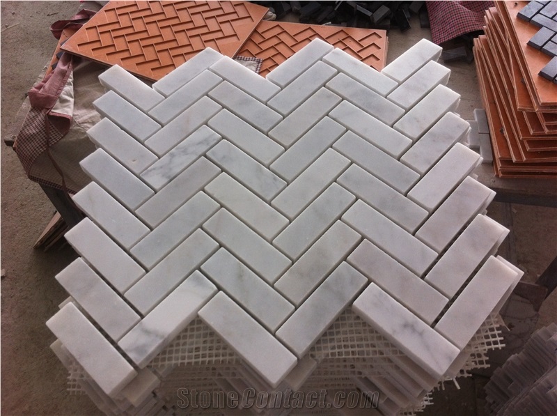 1"X3" Herringbone Marble Carrara Kitchen Backsplash Mosaic